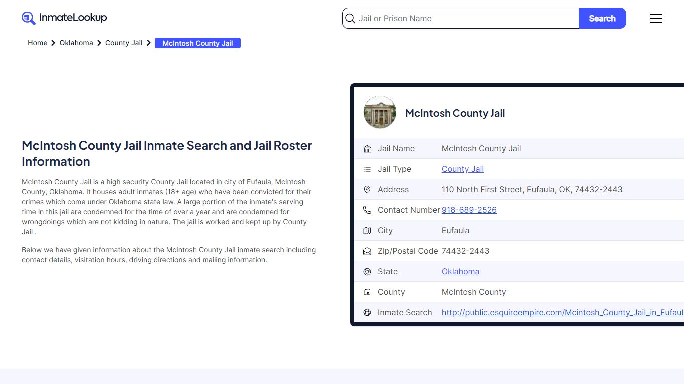McIntosh County Jail Inmate Search - Eufaula Oklahoma - Inmate Lookup